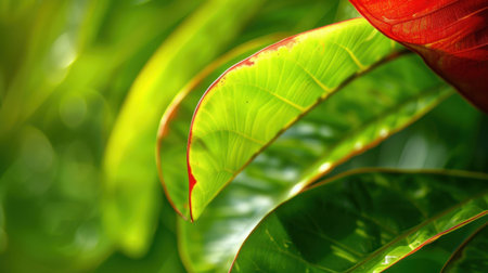 This stunning close-up captures the vivid green and red hues of tropical leaves, creating a serene and lush atmosphere. The soft focus background enhances the natural beauty and detail of the foliage, perfect for nature-themed projects.の素材