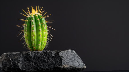 A bright green cactus with prominent spines sits atop a black rock, isolated in a studio setting. This image captures the natural beauty and resilience of plants in a simple, artistic way, perfect for decor or nature themes.の素材