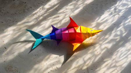 A vibrant origami swordfish in a spectrum of colors casts striking shadows on a light surface, showcasing intricate craftsmanship and artistic flair. Perfect for unique design projects.の素材