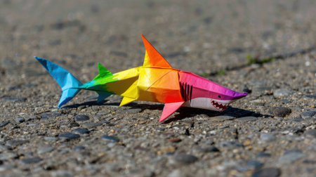 A detailed origami shark created with colorful paper showcases creativity and artistry. This vibrant piece enhances any artistic project or educational setting.の素材