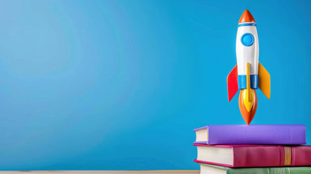 A playful image of a toy rocket taking off from a stack of books on a bright blue background, representing the excitement of learning and the limitless possibilities for children.の素材