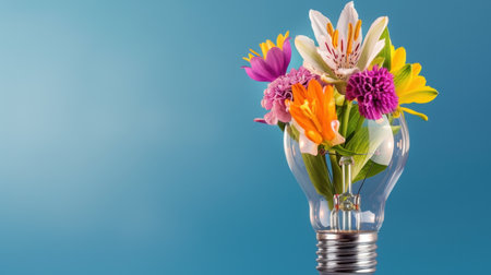 A stunning illustration of vibrant flowers arranged inside a light bulb, showcasing creativity and freshness against a soft blue background. Ideal for nature and innovation themes.の素材