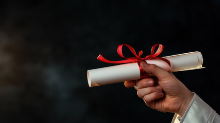 A close-up image of a hand gracefully holding a rolled diploma tied with a red ribbon, symbolizing educational achievement and celebration against a dark background.の素材