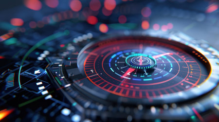 This image features an abstract futuristic dashboard design with glowing indicators and intricate details, representing advanced technology and dynamic data visualization.の素材