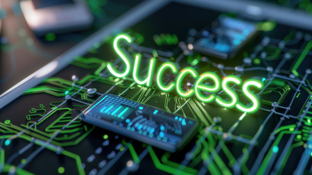 A vibrant depiction of the word "Success" in neon glow over a digital circuit background with mobile devices, symbolizing achievement and innovation in the technology realm.の素材