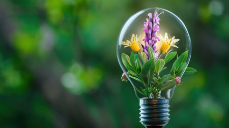 A stunning light bulb filled with vibrant flowers and greenery, representing a fusion of nature and innovation, emphasizing the themes of sustainability and creative ideas.の素材