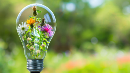 A beautiful light bulb filled with vibrant flowers captures the essence of innovation and nature, showcasing the perfect harmony between technology and the environment.の素材