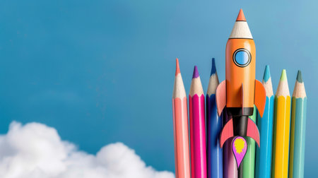 A playful and imaginative scene featuring a colorful rocket shaped pencil among vibrant crayons, evoking creativity and inspiration against a serene blue sky and fluffy white clouds.の素材