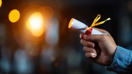 A hand holds a rolled certificate tied with a ribbon against a softly lit background, symbolizing achievement, celebration, and formal recognition in an educational context.の素材
