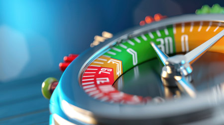 This close-up image showcases a colorful gauge with a shiny metal finish and precise indicators, perfect for concepts related to measurement, technology, and craftsmanship.の素材