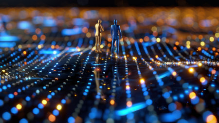 Captivating futuristic scene showing silhouettes walking on a vibrant circuit board with glowing lights, creating a dynamic and imaginative visual representation of technology and motion.の素材