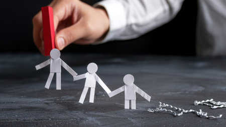 A hand holds a red magnet above paper figures symbolizing teamwork and collaboration, capturing the essence of connection and unity in a business context.の素材
