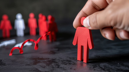 A hand selects a red figure from a group, symbolizing choice and leadership in collaborative environments. The scene reflects decision-making dynamics and individuality in teams.の素材
