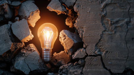 A glowing light bulb shines brightly from a cracked wall, representing hope and inspiration amid struggle. The shot highlights creativity within a rugged environment.の素材