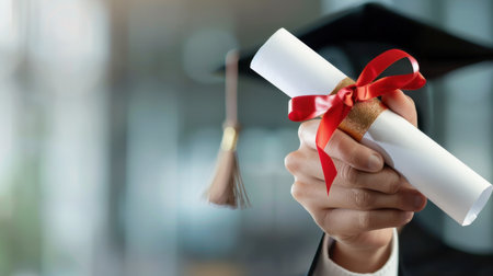 Proud graduate holds diploma tied with a ribbon, symbolizing educational achievement and future aspirations in an academic ceremony setting.の素材