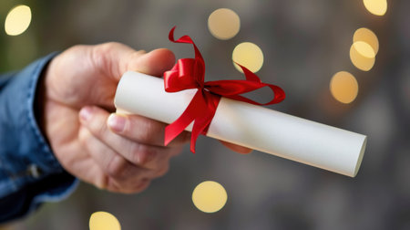 A close-up view of a hand presenting a rolled certificate tied with a red ribbon. The background features soft, glowing lights, enhancing the sense of celebration and achievement.の素材