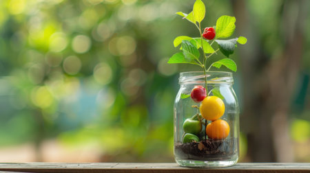 A vibrant arrangement featuring colorful fruits and a green plant inside a glass jar, showcasing nature's beauty with a serene backdrop and soft focus.の素材