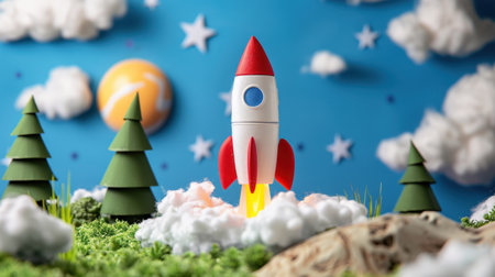 A vibrant paper rocket lifts off from a green landscape, surrounded by fluffy clouds and a blue sky filled with stars. This imaginative scene captures the spirit of exploration.の素材