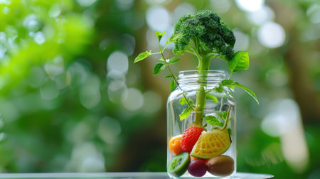 A captivating arrangement featuring fresh broccoli and vibrant fruits in a glass jar, set against a natural background with soft bokeh, symbolizing health and vitality.の素材