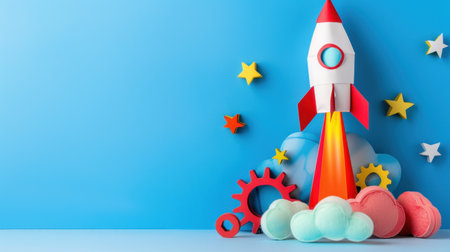This vibrant image features a colorful paper rocket launching against a bright blue sky filled with clouds and stars, perfect for themes of creativity and imagination.の素材