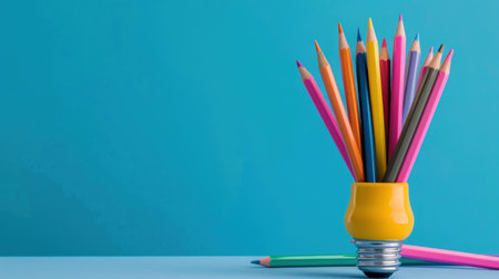 A striking image of assorted colorful pencils in a vibrant yellow holder, set against a bright blue background. Perfect for creative projects and artistic themes.の素材