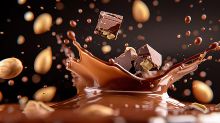 A stunning visual of chocolate splashing against a dark background, featuring cocoa pieces and nuts. Perfect for dessert lovers and gourmet food enthusiasts.の素材