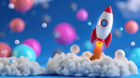 A vibrant cartoon rocket takes off into a bright blue sky filled with colorful bubbles and fluffy clouds, perfect for creative projects and children's themes.の素材