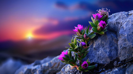 A stunning display of vibrant flowers blooming on a rocky surface, set against a breathtaking twilight sky during sunset. The scene captures nature's beauty.の素材