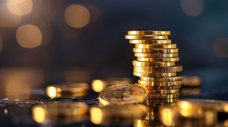 A captivating arrangement of stacked gold coins, set against a dreamy bokeh background. The image symbolizes wealth and financial growth, perfect for investment themes.の素材