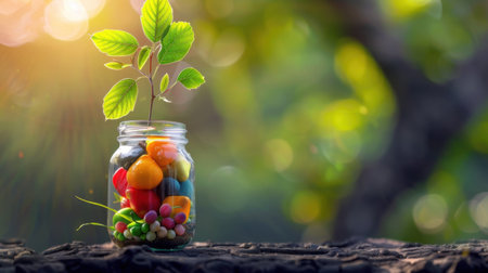 A vibrant glass jar filled with colorful vegetables and a fresh sprout, set against a picturesque natural backdrop, capturing the essence of growth.の素材