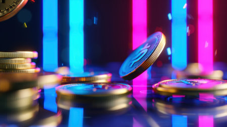 This dynamic image showcases digital coins falling amidst vibrant neon lights, creating a striking visual of modern finance and technology.の素材
