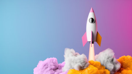 A vivid illustration of a rocket lifting off against a whimsical sky filled with colorful smoke. Perfect for themes of innovation, adventure, and exploration.の素材