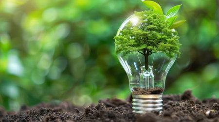 A captivating image of a light bulb containing a vibrant green tree, symbolizing the fusion of energy efficiency and ecological harmony.の素材