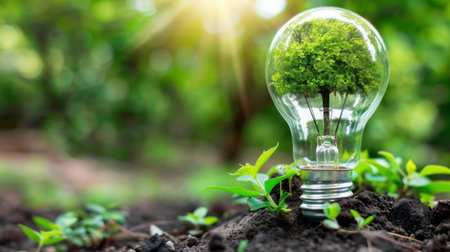 A creative visual of a light bulb containing a tree symbolizes the intersection of sustainability and innovation, capturing the essence of environmental conservation.の素材