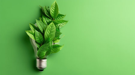 This creative image features a light bulb filled with fresh green leaves against a vibrant background, symbolizing eco-friendly energy and sustainability.の素材