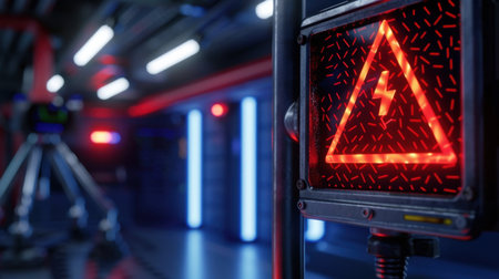 A striking warning sign indicating high voltage is displayed in a futuristic industrial space, featuring bright neon lights and advanced technology.の素材