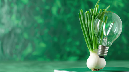 This unique image features a green onion with a light bulb creatively placed beside it, symbolizing freshness and culinary innovation against a vibrant green backdrop.の素材