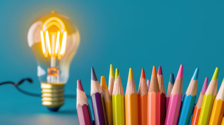 A vibrant arrangement of colorful pencils set against a striking blue background with a glowing light bulb. This composition symbolizes creativity and inspiration, ideal for educational or artistic themes.の素材