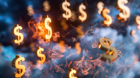 This stunning image features glowing dollar signs floating amidst an ethereal blue and orange background, creating a dramatic and mesmerizing finance concept.の素材