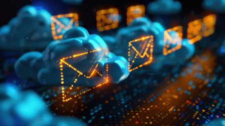 This digital artwork showcases a vibrant cloud computing theme featuring glowing email notifications against a modern tech background. Perfect for illustrating digital communication.の素材