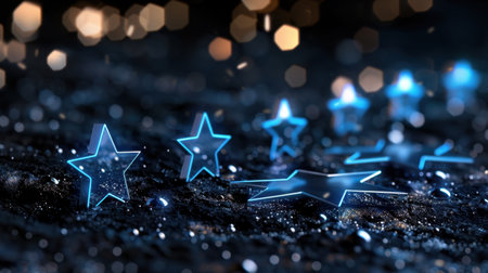 A mesmerizing arrangement of glowing blue stars scattered across a dark surface, enhanced by sparkling bokeh lights for a dreamy and magical atmosphere.の素材