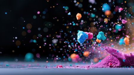A stunning image capturing the explosive moment of colorful powder scattering in the air, creating an eye-catching display of vibrant hues against a dark backdrop.の素材