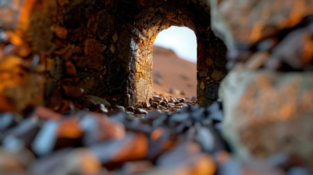 A detailed macro view of a stone archway, showcasing a rocky passageway illuminated by warm light, inviting exploration into a tranquil natural setting.の素材