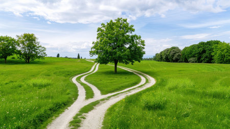 A beautiful view of a lush green field featuring a forking path that invites exploration, framed by a vibrant sky and tranquil atmosphere.の素材