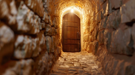 A captivating narrow stone passageway leads to a sturdy wooden door, illuminated by warm light, evoking a sense of history and mystery. The textured walls and cobblestone floor create a serene atmosphere perfect for exploration and reflection.の素材