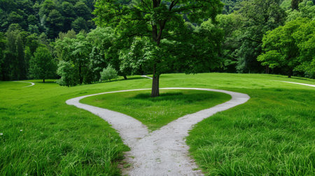 A tranquil park scene featuring a winding pathway splitting around a majestic tree, epitomizing serenity and inviting exploration amidst lush greenery.の素材