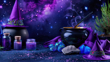 A captivating mystical scene featuring a bubbling cauldron surrounded by crystals and candles. Perfect for themes of magic and witchcraft.の素材
