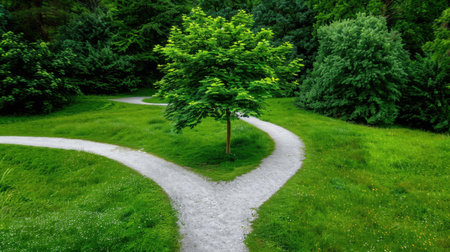 A tranquil scene showcasing winding pathways in a lush green park, framed by vibrant trees. This setting invites exploration and reflection in nature.の素材