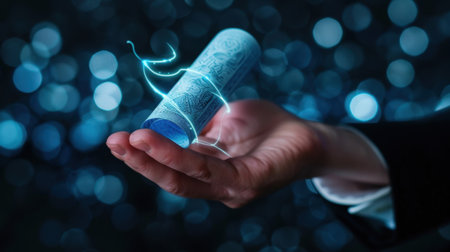 A captivating image featuring a hand holding a glowing blue cylinder, enhanced with neon light effects, set against a blurred blue and black bokeh background. Perfect for technology themes.の素材