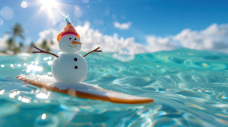 A delightful snowman surfing on a bright blue wave, capturing the fun of summer with a playful twist. The sunny scene invites joy and adventure.の素材